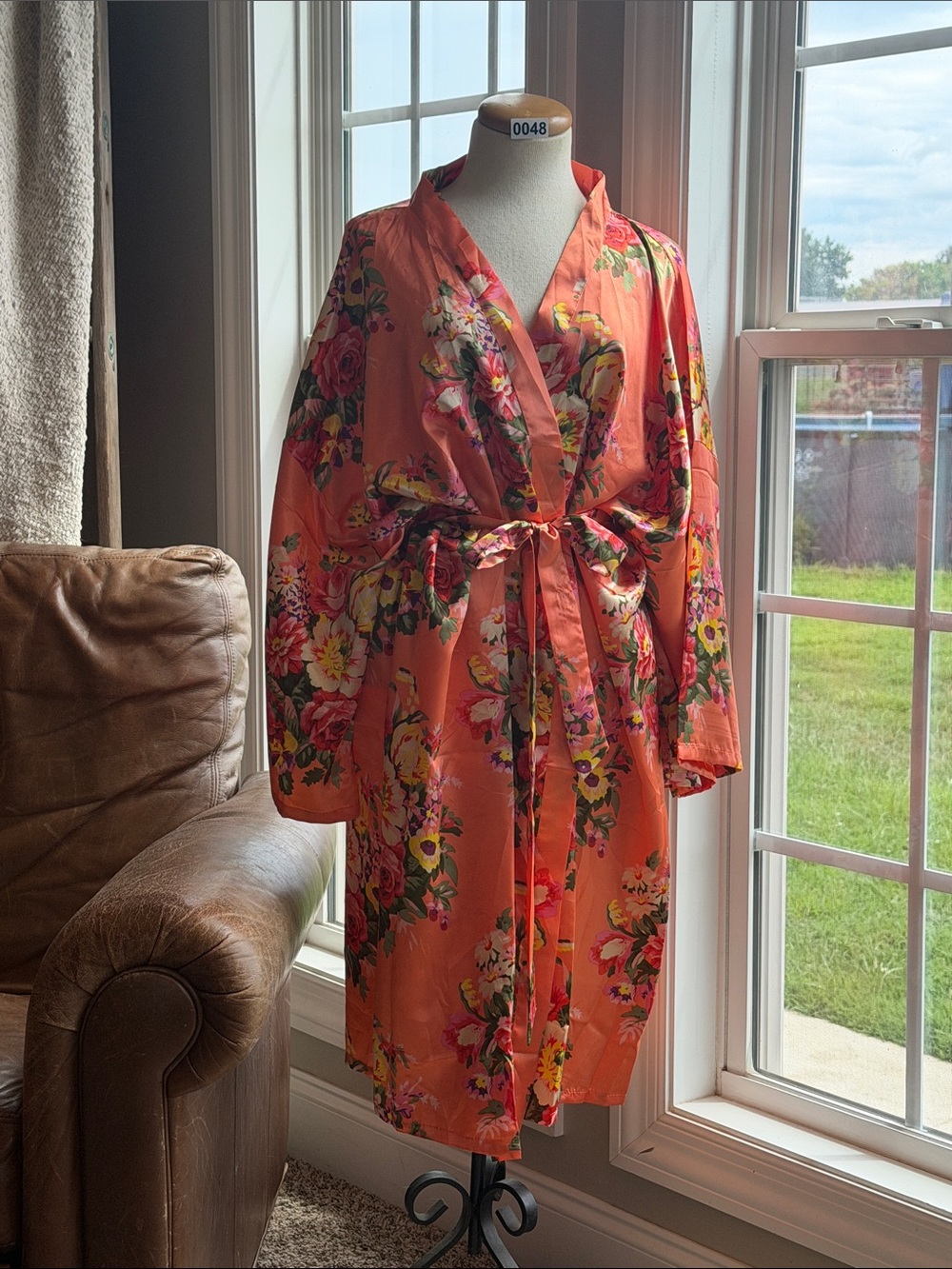 Floral Satin Robe in Coral - Women's Kimono Wrap